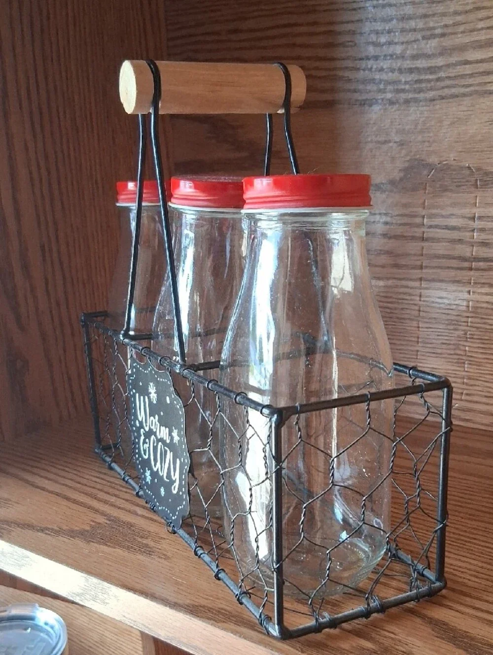 Warm & Cozy Rustic Wire Milk Bottle Caddy with Red Lids